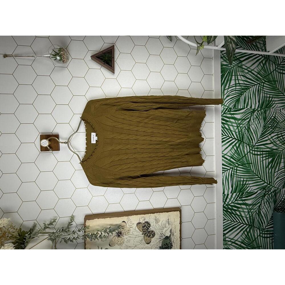 Evereve Olive Green Brown Distressed Collar Hem Knit Sweater - Size - Small